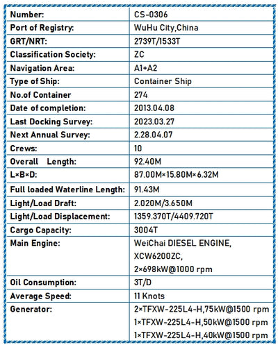2013 Built 3000 DWT 274 TEU Container Ship For Sale