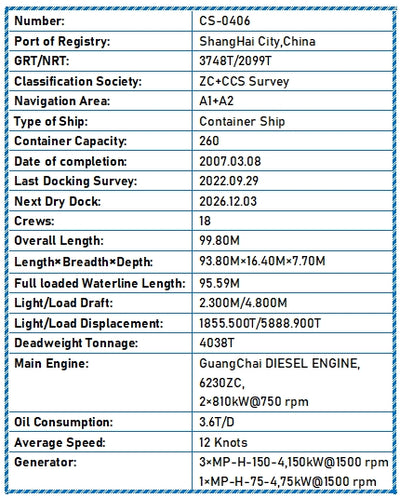 2007 Built 4000 DWT 260 TEU Container Ship For Sale