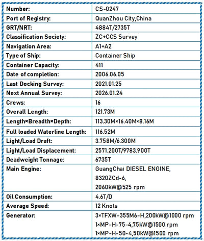 2006 Built 6800 DWT 411 TEU Container Ship For Sale