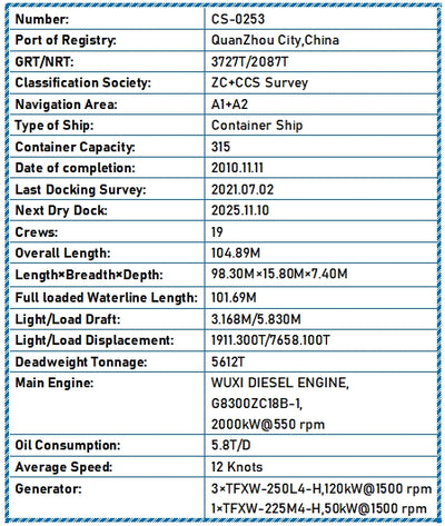 2010 Built 5600 DWT 315 TEU Container Ship For Sale