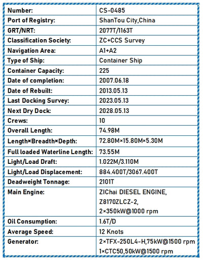 2007 Built (2013 Rebuilt) 2100 DWT 225 TEU Container Ship For Sale