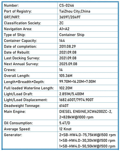 2011 Built 6200 DWT 144 TEU Container Ship For Sale