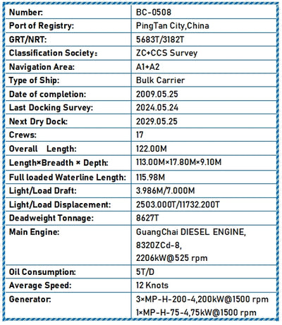 2009 Built 8600 DWT Bulk Carrier For Sale