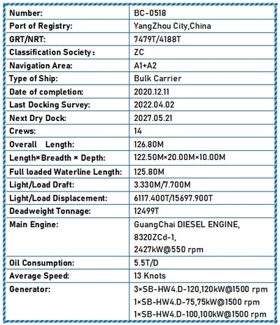 2020 Built 12500 DWT Bulk Carrier For Sale