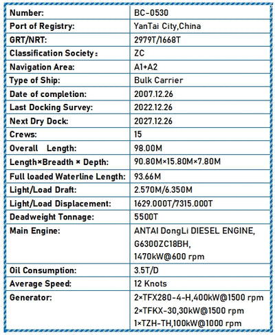 2007 Built 5500 DWT Bulk Carrier For Sale