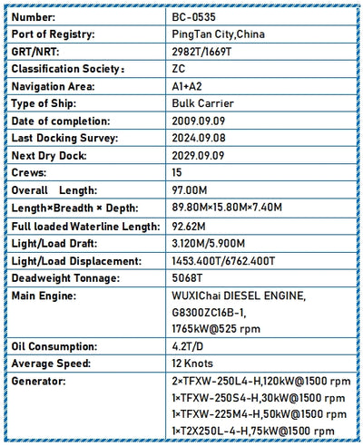 2009 Built 5100 DWT Bulk Carrier For Sale