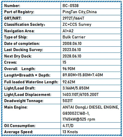 2008 Built 5000 DWT Bulk Carrier For Sale