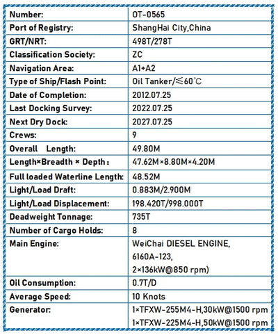 2012 Built 750 DWT Oil Tanker For Sale
