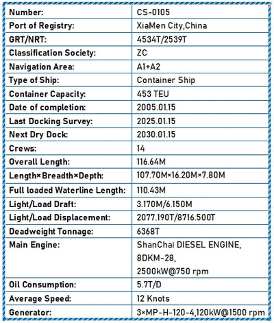 2005 Built 6300 DWT 453 TEU Container Ship For Sale