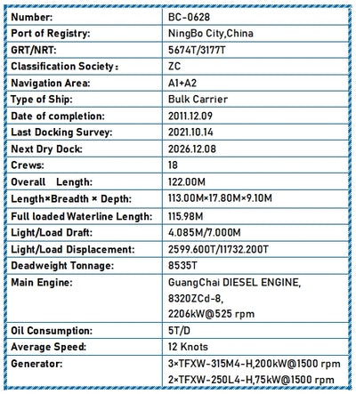 2011 Built 8500 DWT Bulk Carrier For Sale