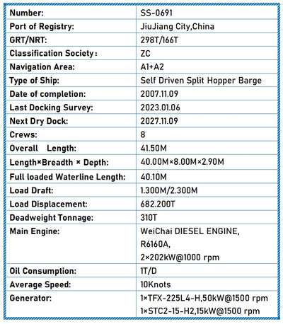 2007 Built 300 DWT Self Driven Split Hopper Barge For Sale