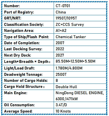 2007 Built 2500 DWT Chemical Tanker For Sale