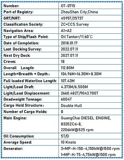 2018 Built 6000 DWT Oil Tanker For Sale