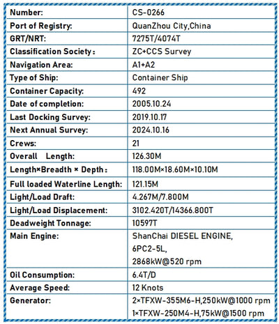 2005 Built 10000 DWT 500 TEU Container Ship For Sale