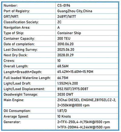 2010 Built 3000 DWT 200 TEU Container Ship For Sale